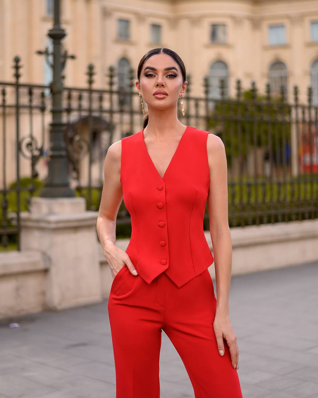 Womens Red Sleeveless Vest Premium Diagonal Suit Crepe
