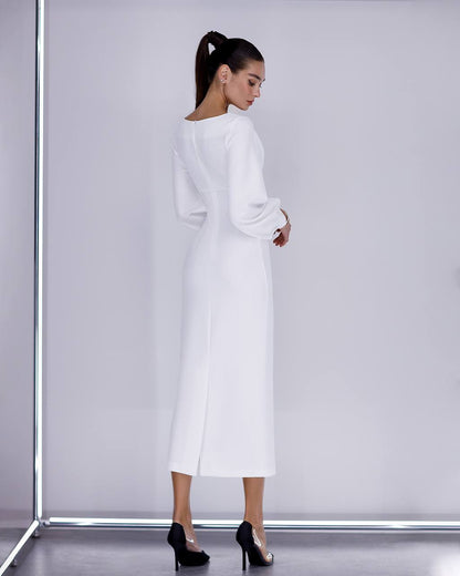 Elegant White Midi Dress for Women in Premium Suiting Crepe Fabric