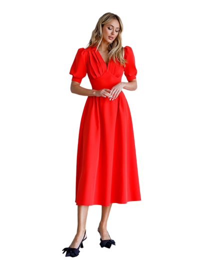 Elegant Red Midi Dress for Women with Puff Sleeves