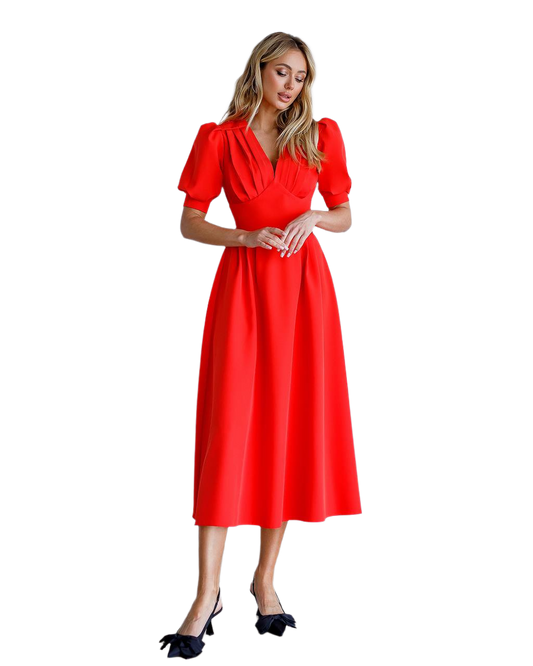 Elegant Red Midi Dress for Women with Puff Sleeves