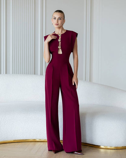 Womens Tailored Wide Leg Jumpsuit with Keyhole Neckline