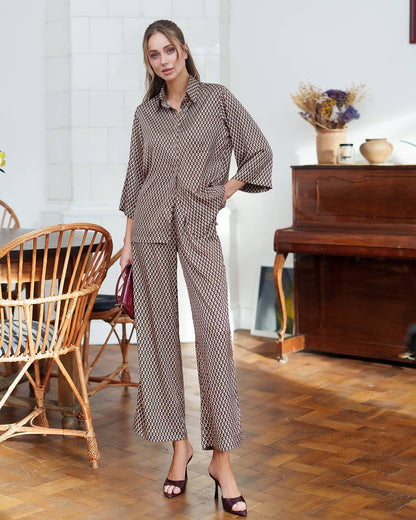 Womens Premium Printed Silk Suit Cropped Shirt and Trousers