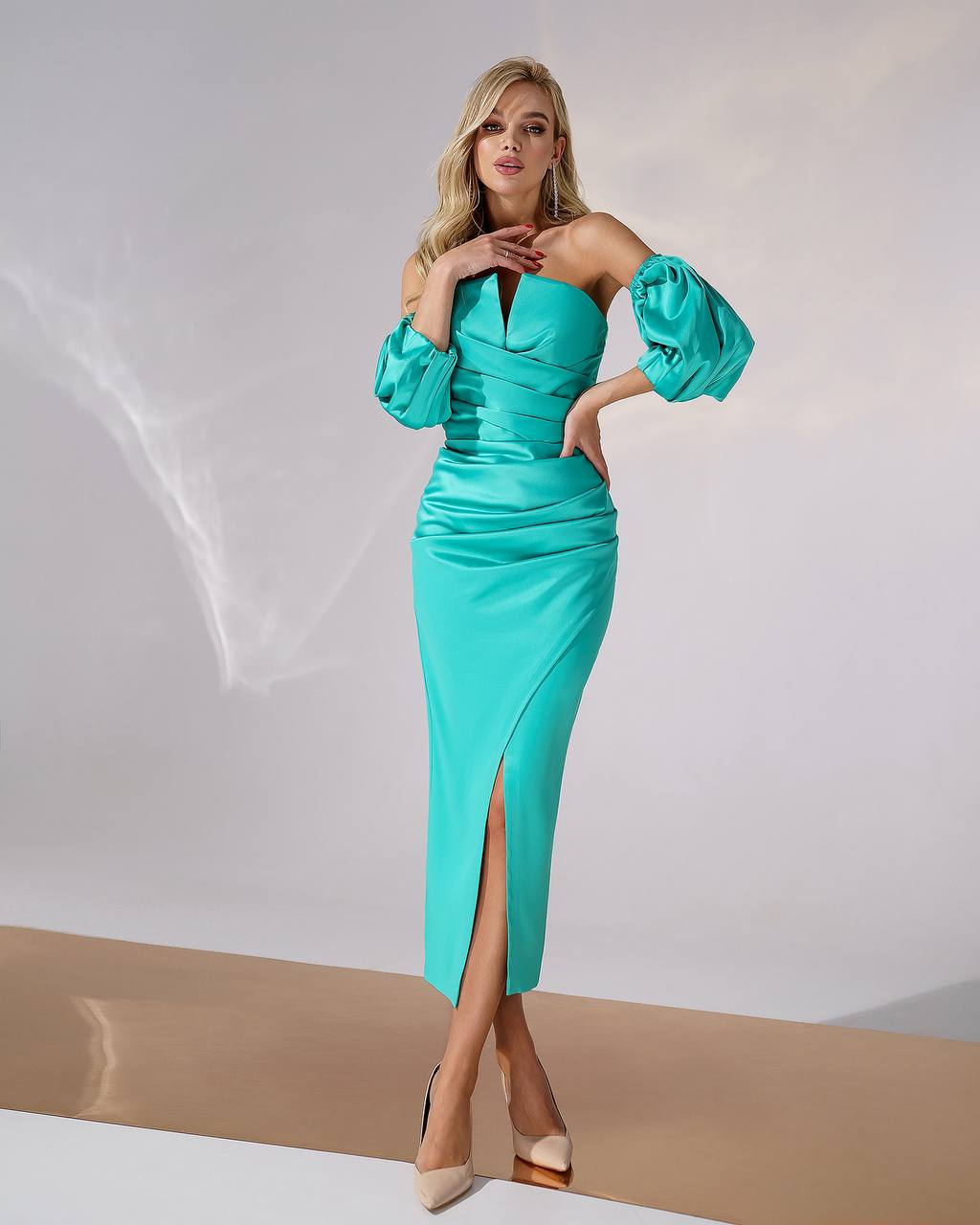 Off Shoulder Royal Satin Midi Dress with Puff Sleeves