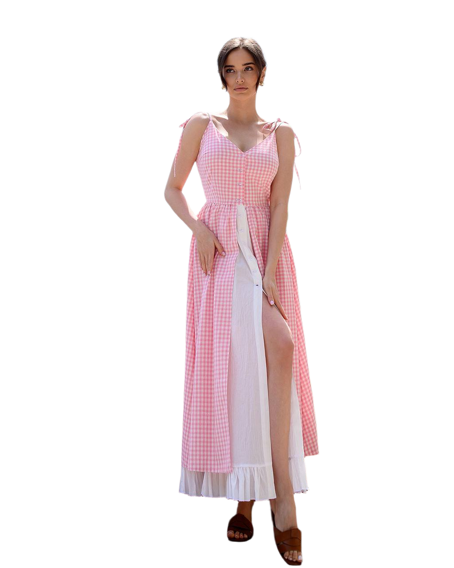 Pink Checked Cotton Sundress with Crinkled Batiste Lining for Women