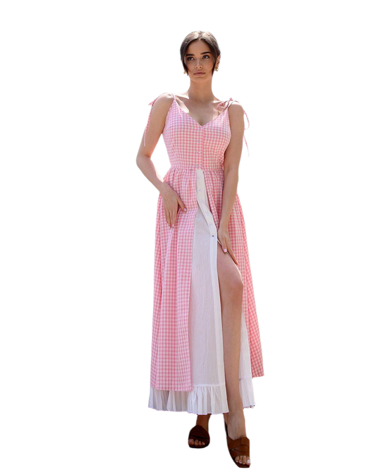 Pink Checked Cotton Sundress with Crinkled Batiste Lining for Women