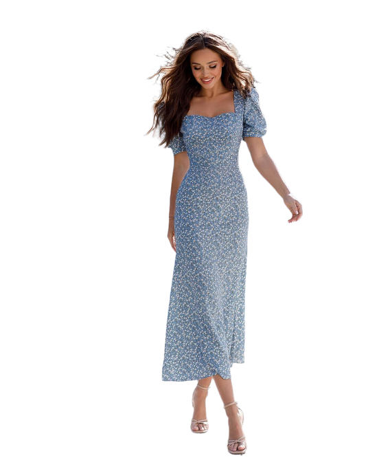 Women Blue Floral Print Midi Dress Puff Sleeves Staple Fabric