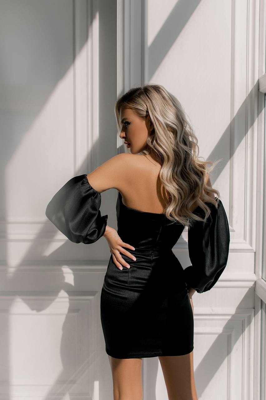 Crystal Mango Satin Off Shoulder Bodycon Dress Black