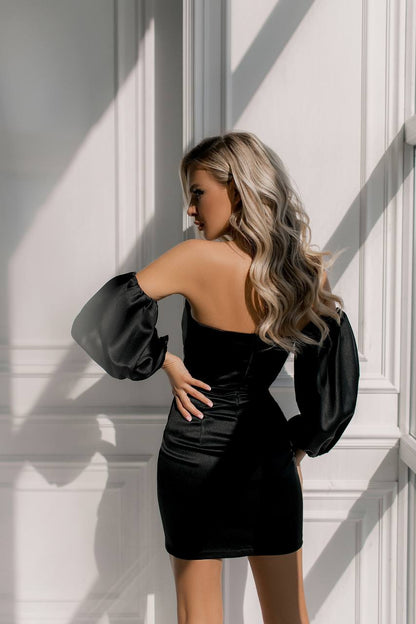 Crystal Mango Satin Off Shoulder Bodycon Dress Black