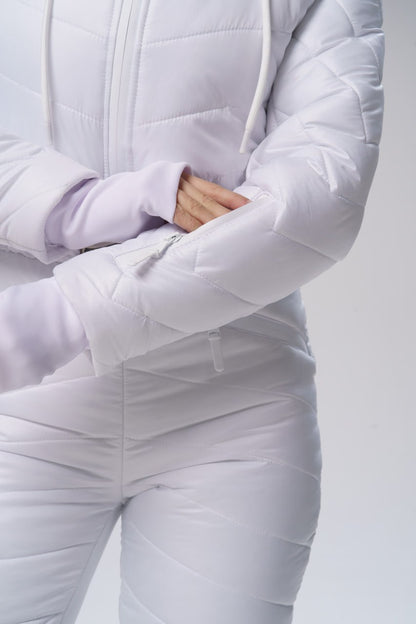 White quilted jacket with a hood on a white background