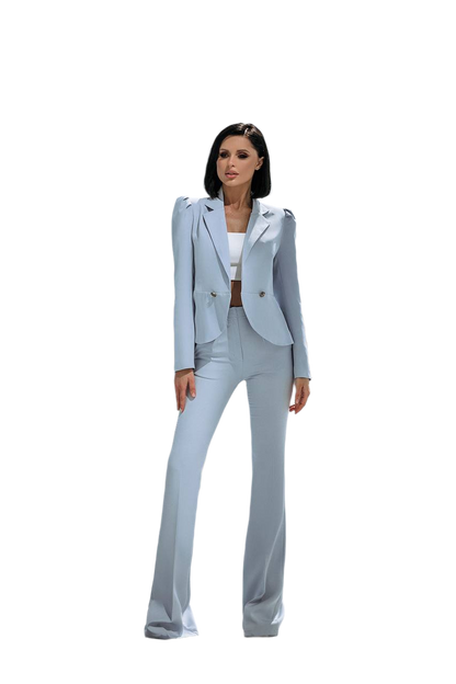 Women Light Blue Diagonal Crepe Pantsuit with Blazer and Flared Trousers