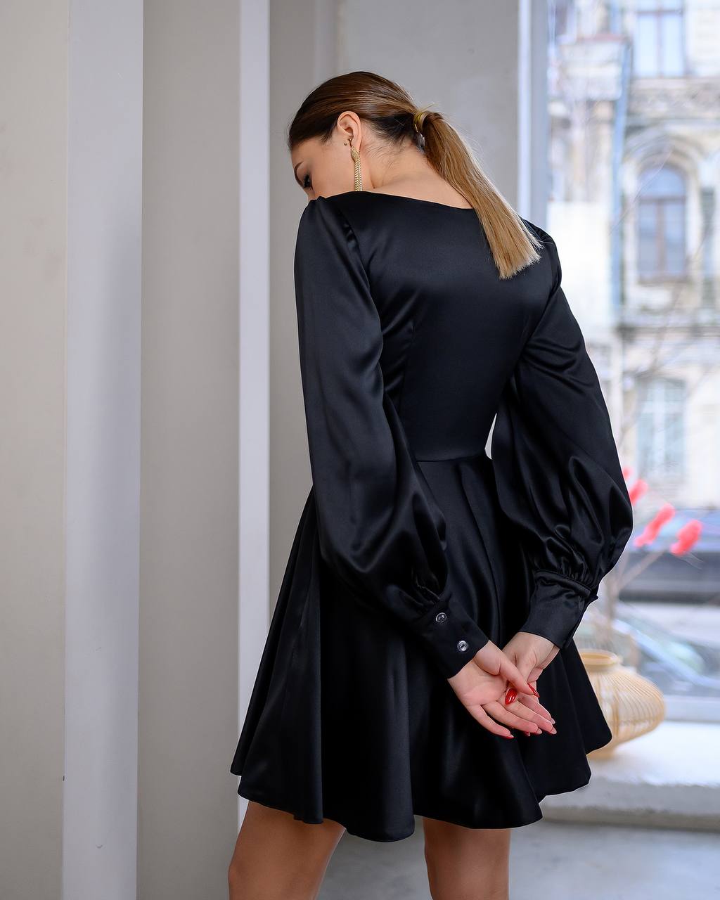 Elegant Black Satin Mini Dress for Women with Long Puff Sleeves
