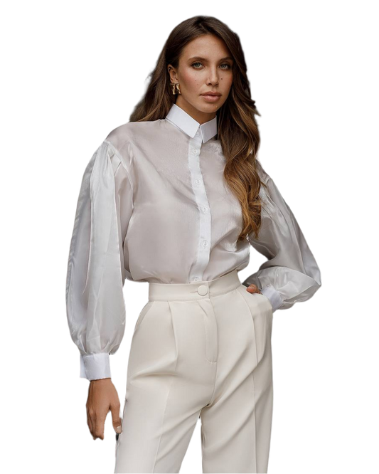 Elegant Women's Organza Blouse in Milk White with Balloon Sleeves