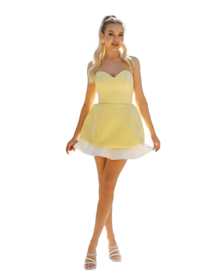 Premium Diagonal Crepe Corset Basque Dress with Skirt in Lemon Yellow