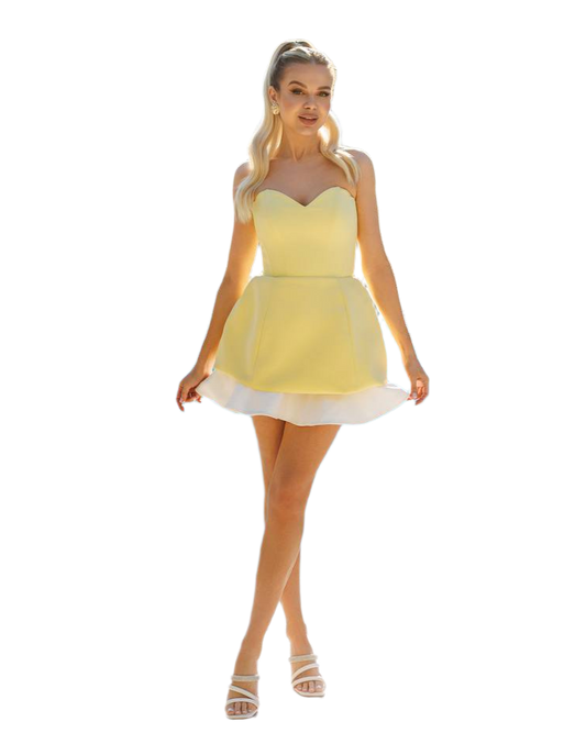 Premium Diagonal Crepe Corset Basque Dress with Skirt in Lemon Yellow