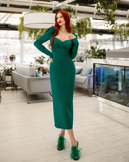 Elegant Emerald Green Long Sleeve Dress with Shoulder Bow Detail