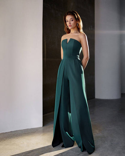 Green Women Jumpsuit Bridal Wedding Bridesmaid Prom Graduation Rehearsal Dinner Corset Top Wide Pants Cullotes Palazzo Emerald