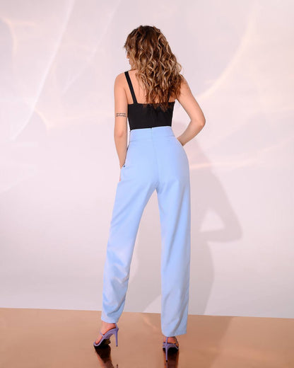 Womens High Waist Suit Crepe Diagonal Pants Available in Cream Black and Blue