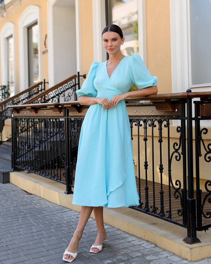 Women's Muslin Midi Dress with Puff Sleeves in Milky Blue Lavender