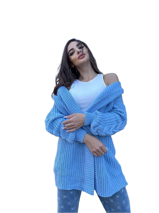 Womens Warm Blue Chunky Knit Cardigan Sweater