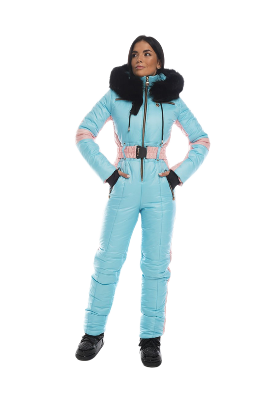 Women's Modern Winter Ski Jumpsuit with Natural Fox Fur Hood and Moisture-Repellent Fabric