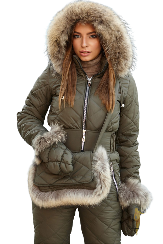 Winter Women's Ski Jumpsuit with Natural Raccoon Fur and Siliconized Insulation