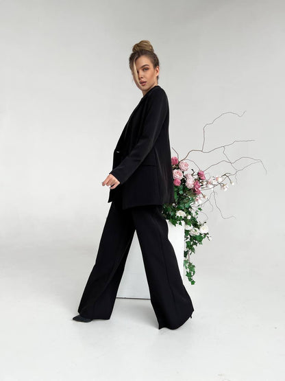 Black Palazzo Suit for Women Diagonal Crepe Tailored Wide Leg Pantsuit