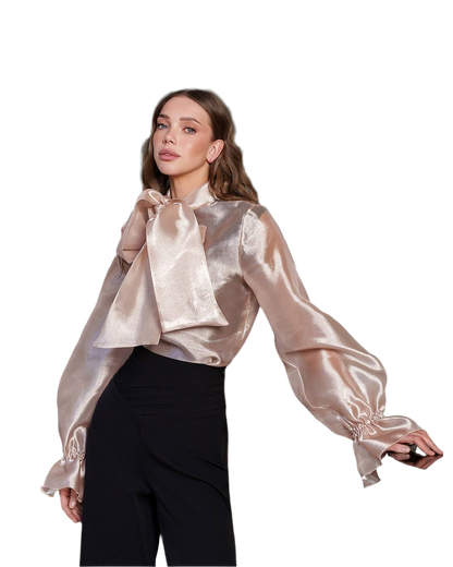 Lux Organza Women's Blouse with Bow Tie in Pink