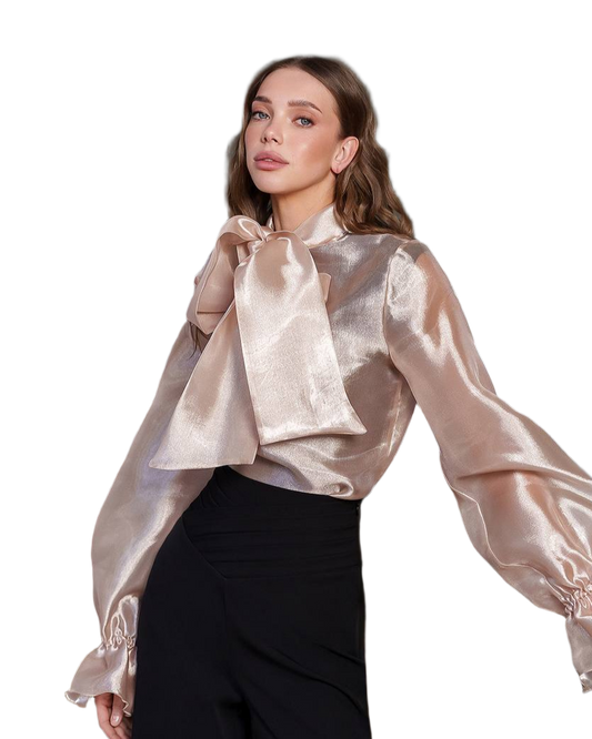Lux Organza Women's Blouse with Bow Tie in Pink