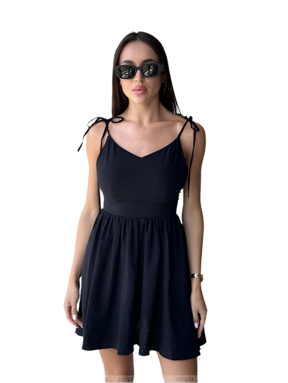 Black Linen Summer Dress with Tie Straps and Waistline