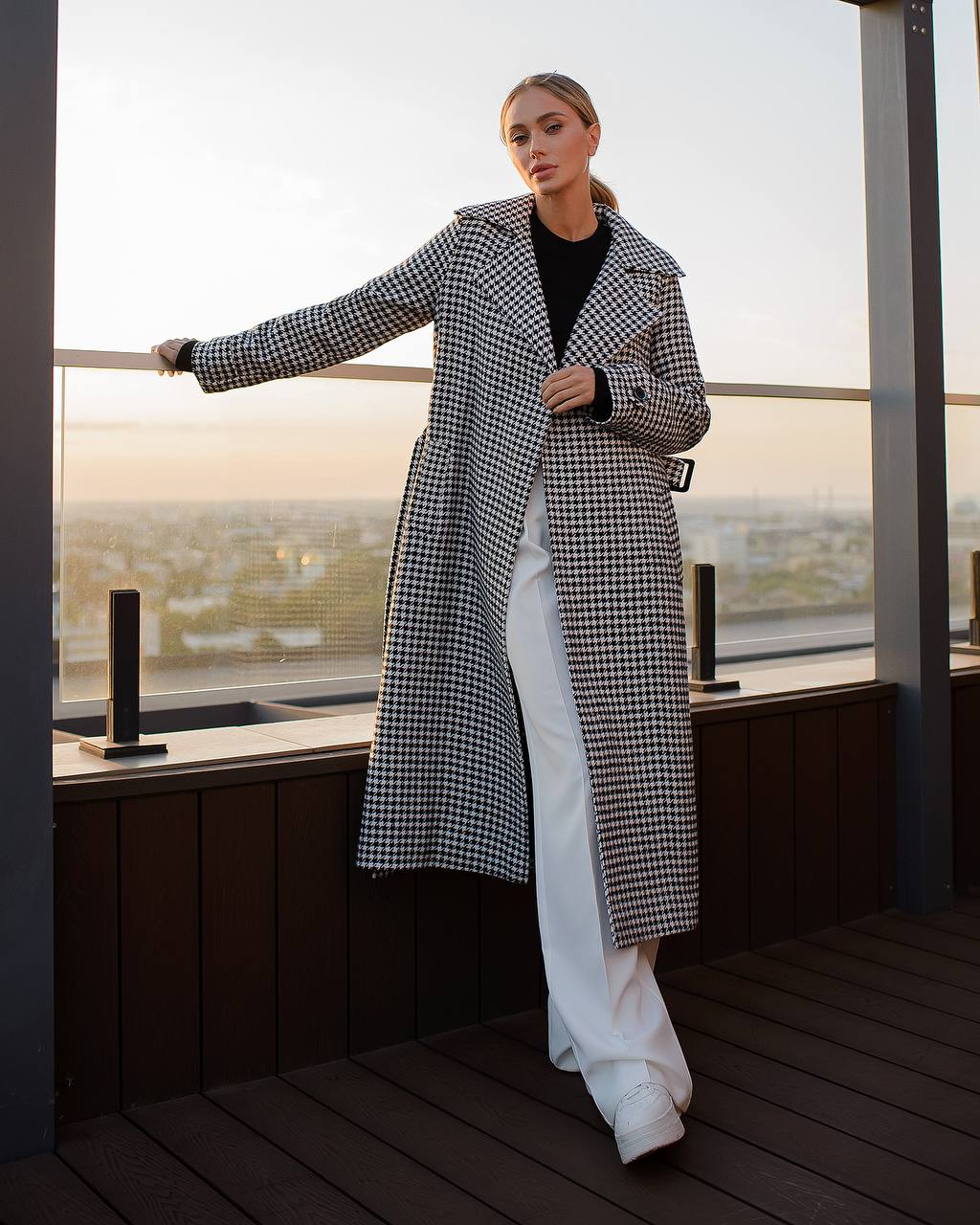 Womens Houndstooth Turkish Coat with Belt