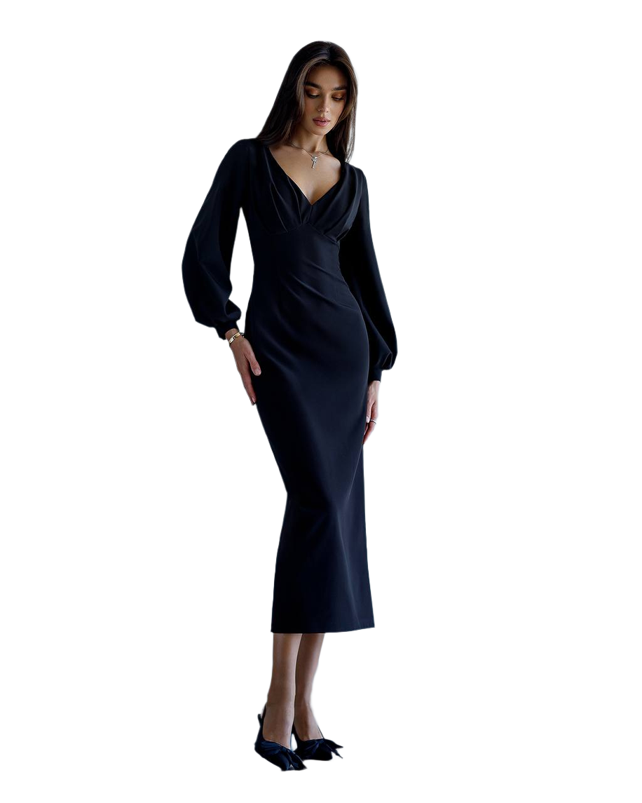 Elegant Black Midi Dress with Long Sleeves and V-Neck