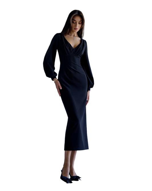 Elegant Black Midi Dress with Long Sleeves and V-Neck
