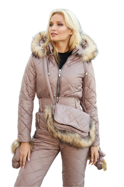 Woman wearing a beige winter coat with fur hood and waistcoat on a white background