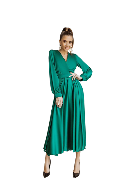 Elegant Green Silk Long Sleeve Midi Dress for Women