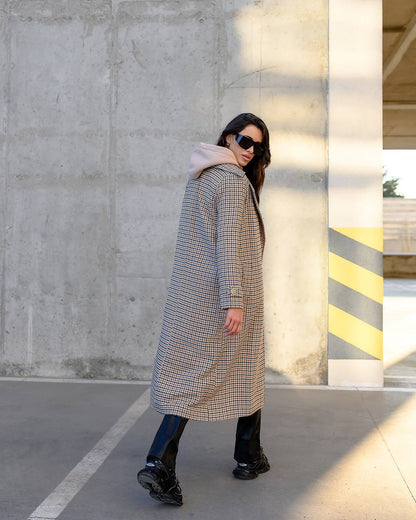 Womens Turkish Fabric Houndstooth Pattern Long Coat with Belt