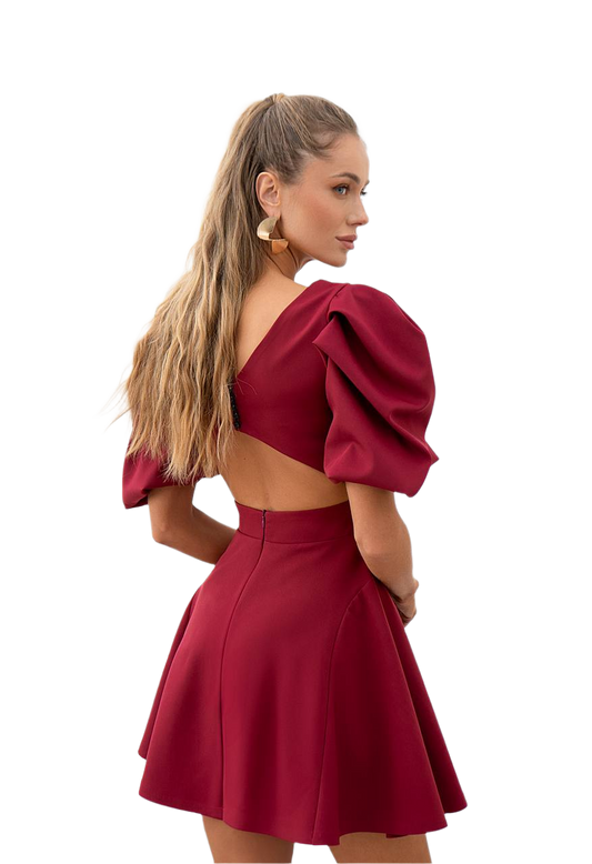Womens Burgundy Diagonal Crepe Dress with Puff Sleeves and Cutout Back