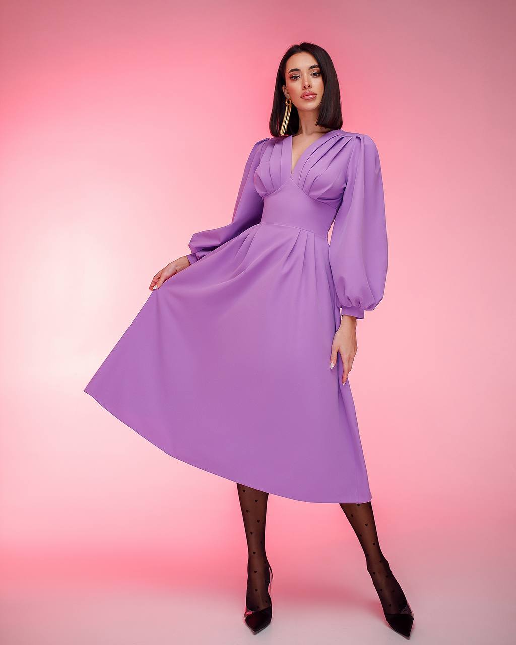 Elegant Purple Midi Dress with Pleated Bodice and Balloon Sleeves