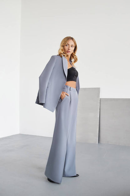 Gray Palazzo Suit Women Diagonal Crepe Tailored Blazer and Wide Leg Trousers