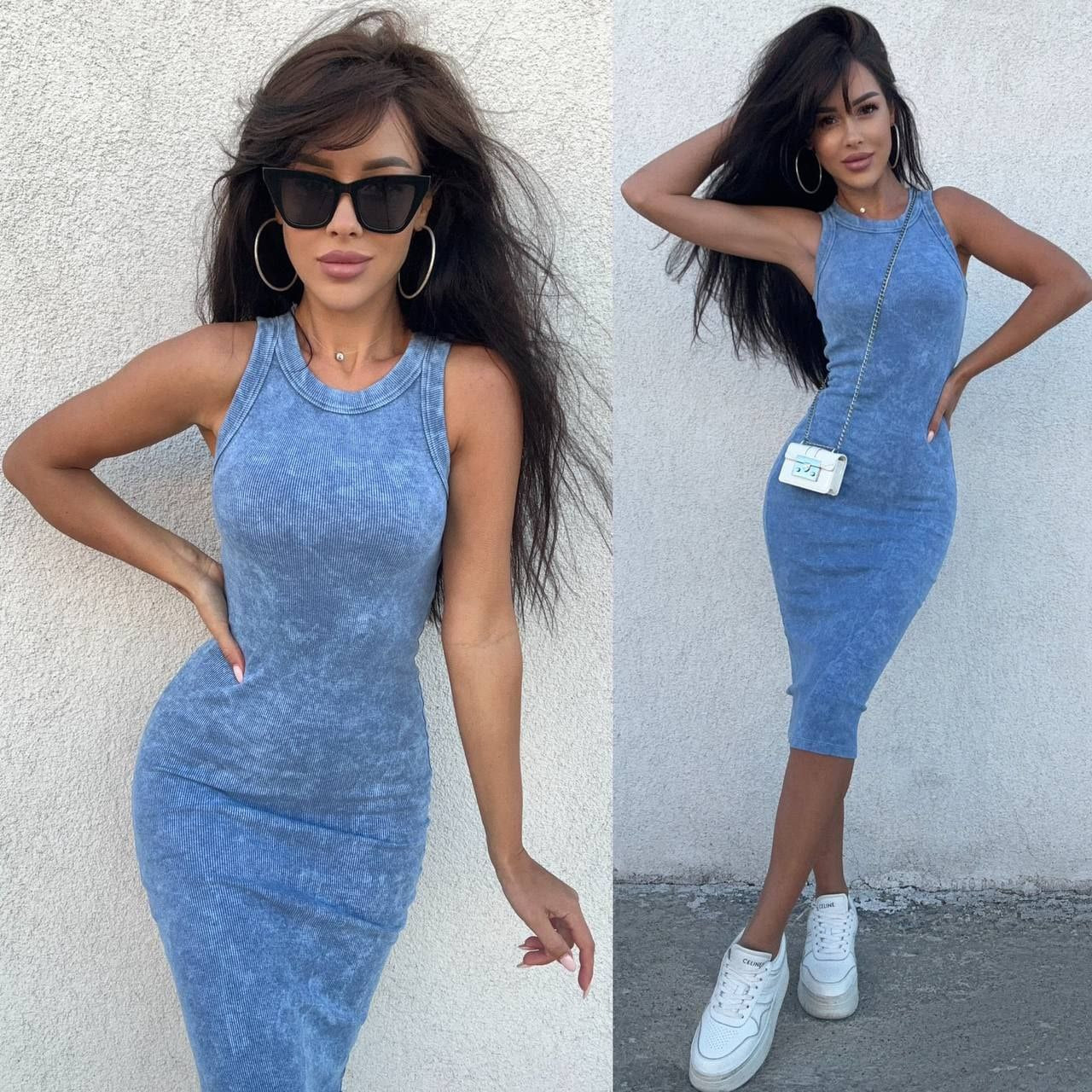 Womens Ribbed Tie Dye Midi Dress Sleeveless