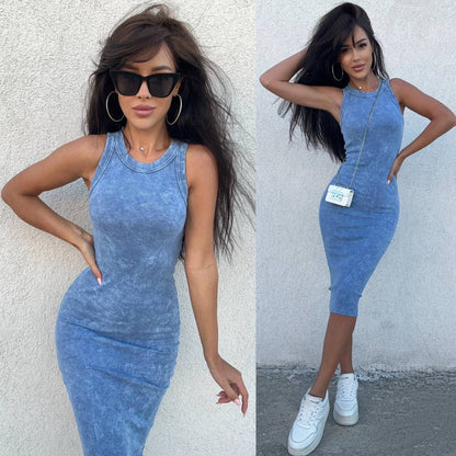 Womens Ribbed Tie Dye Midi Dress Sleeveless