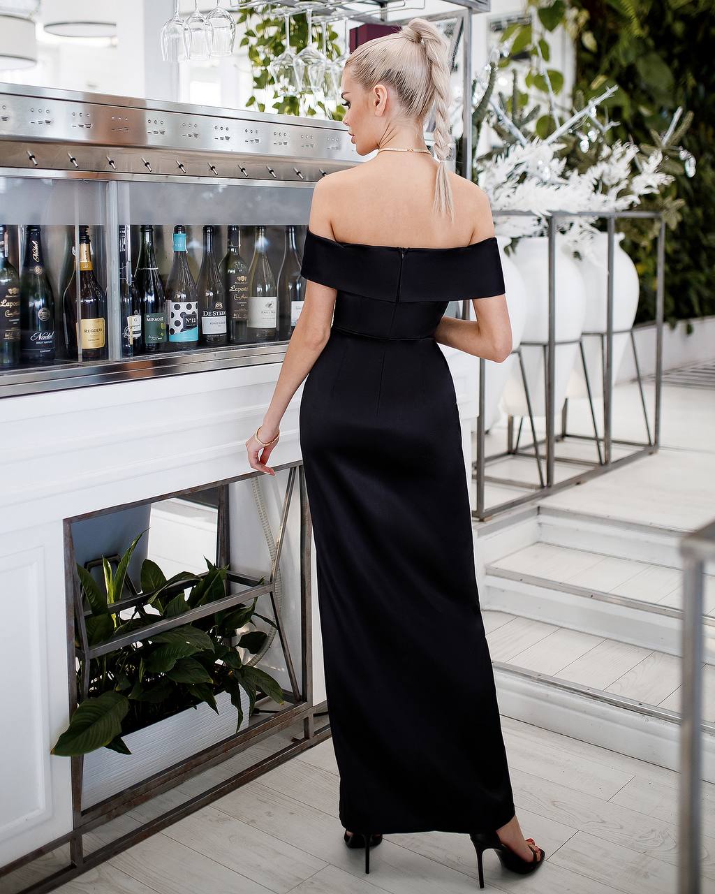 Elegant Women's Off Shoulder Maxi Dress with Side Slit in Black