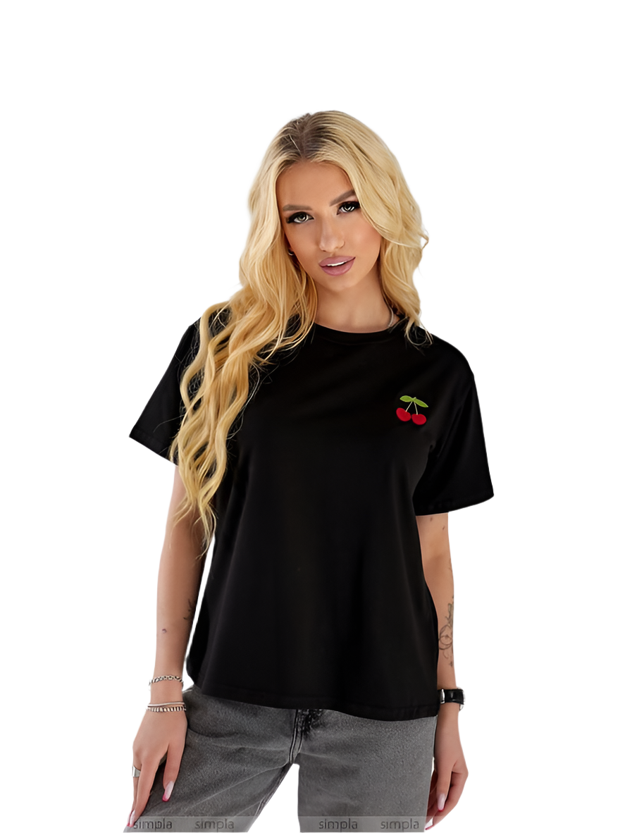 Black T-shirt with Cherry Embroidery Casual Cotton Blend Tee