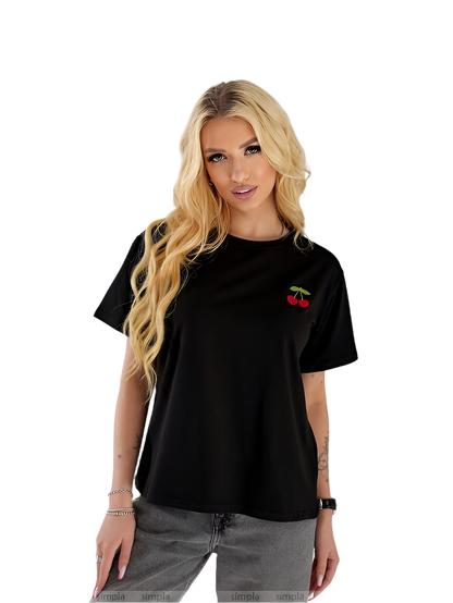 Black T-shirt with Cherry Embroidery Casual Cotton Blend Tee