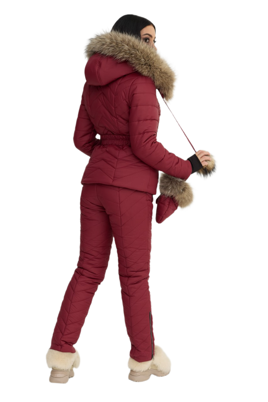 Womens Burgundy Winter Warm Ski Suit with Siliconized Fiber and Natural Raccoon Fur