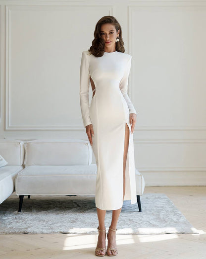 Women's Elegant Midi Dress in Milk Color with Open Back