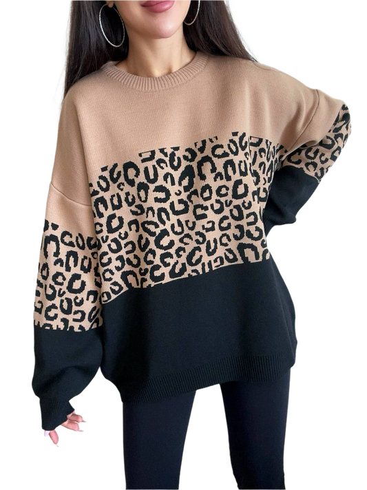 Linda Sweater for Women Fine Knit Leopard Print Oversized Pullover