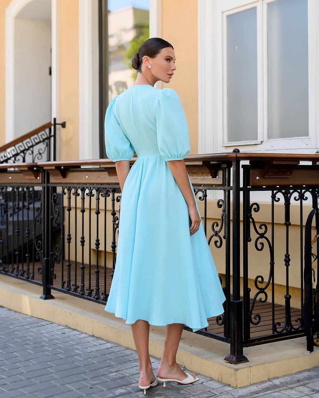 Women's Muslin Midi Dress with Puff Sleeves in Milky Blue Lavender