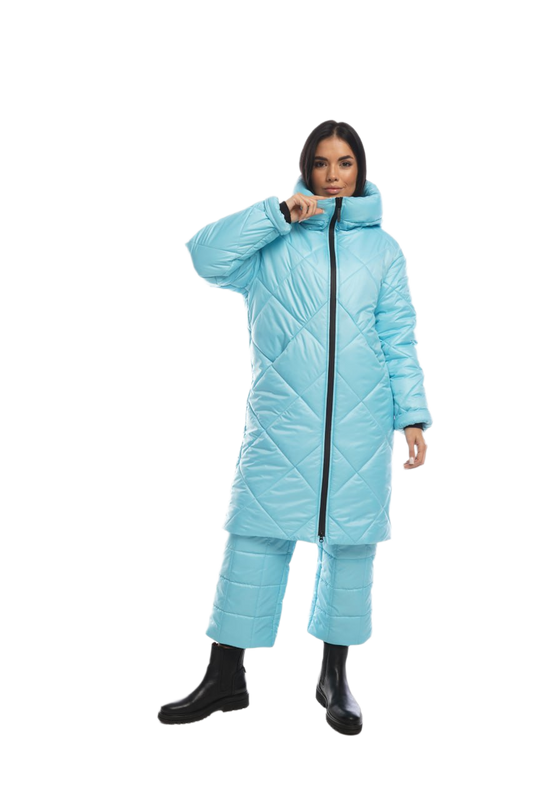 Winter Warm Suit for City Walks Women Sky Blue Quilted Coat and Cropped Pants Water Repellent Siliconized
