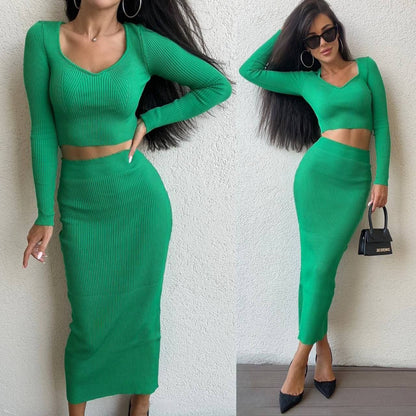 Woman wearing a green two-piece outfit with a white background