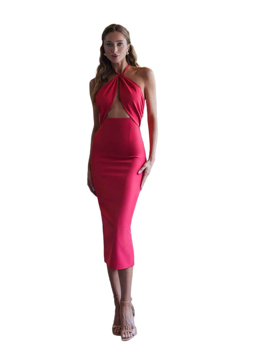 Elegant Red Midi Dress for Women with Halter Neck and Cut-Out Detail